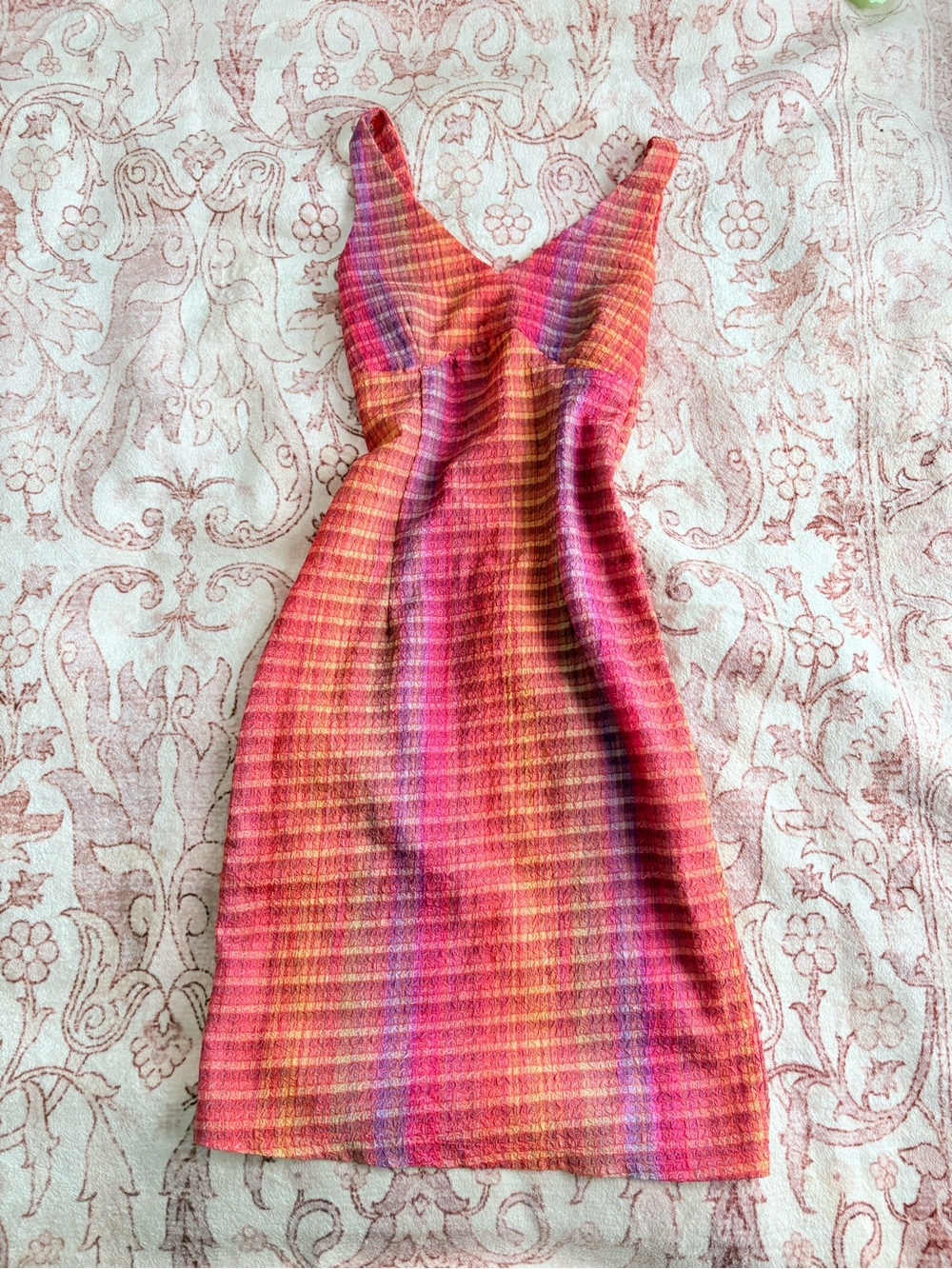 V-Neck Pink Multi-Stripe Midi Dress